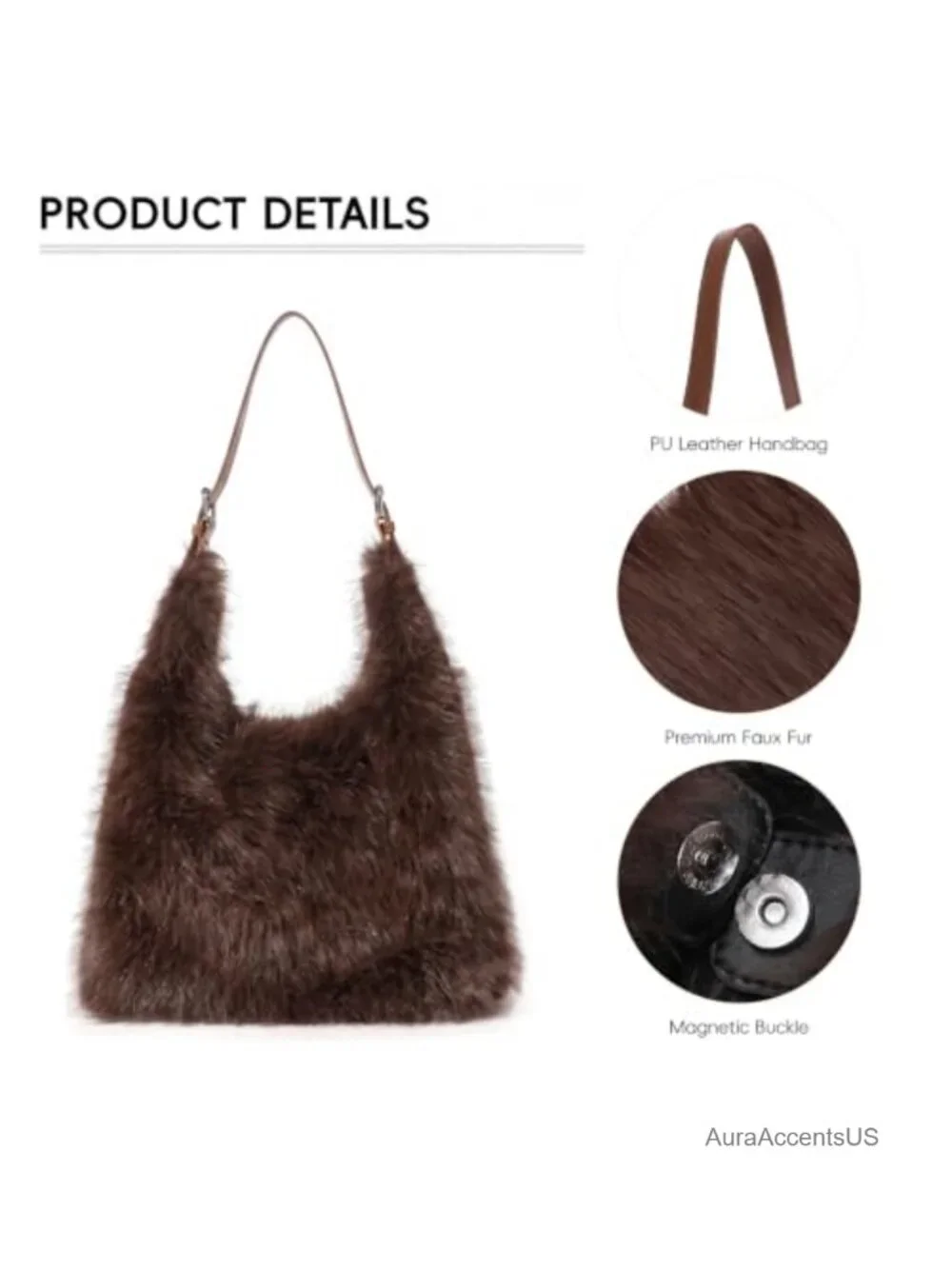 Fuzzy Faux Fur Hobo Shoulder Bag Large Plush Purse Adjustable Strap Winter Tote
